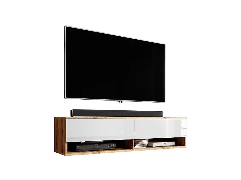 FURNIX meuble tv/ meuble tv suspendu Alyx 140 x 32 x 34 cm style industriel chêne wotan mat/ blanc brillant sans LED