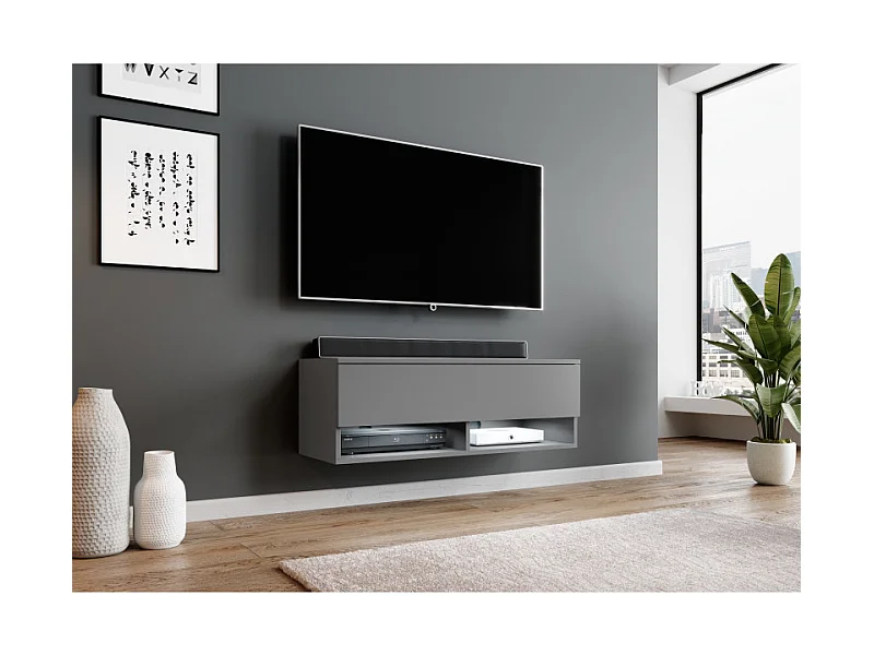 FURNIX meuble tv/ meuble tv suspendu Alyx 100 x 32 x 34 cm style industriel anthracite mat avec LED