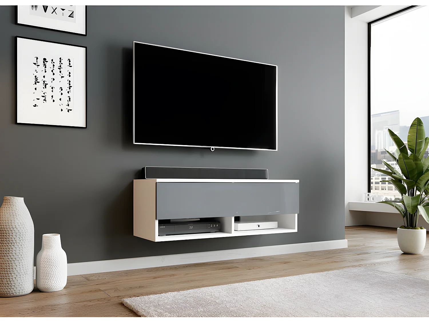 FURNIX meuble tv/ meuble tv suspendu Alyx 100 x 32 x 34 cm style industriel blanc mat/ gris brillant avec LED