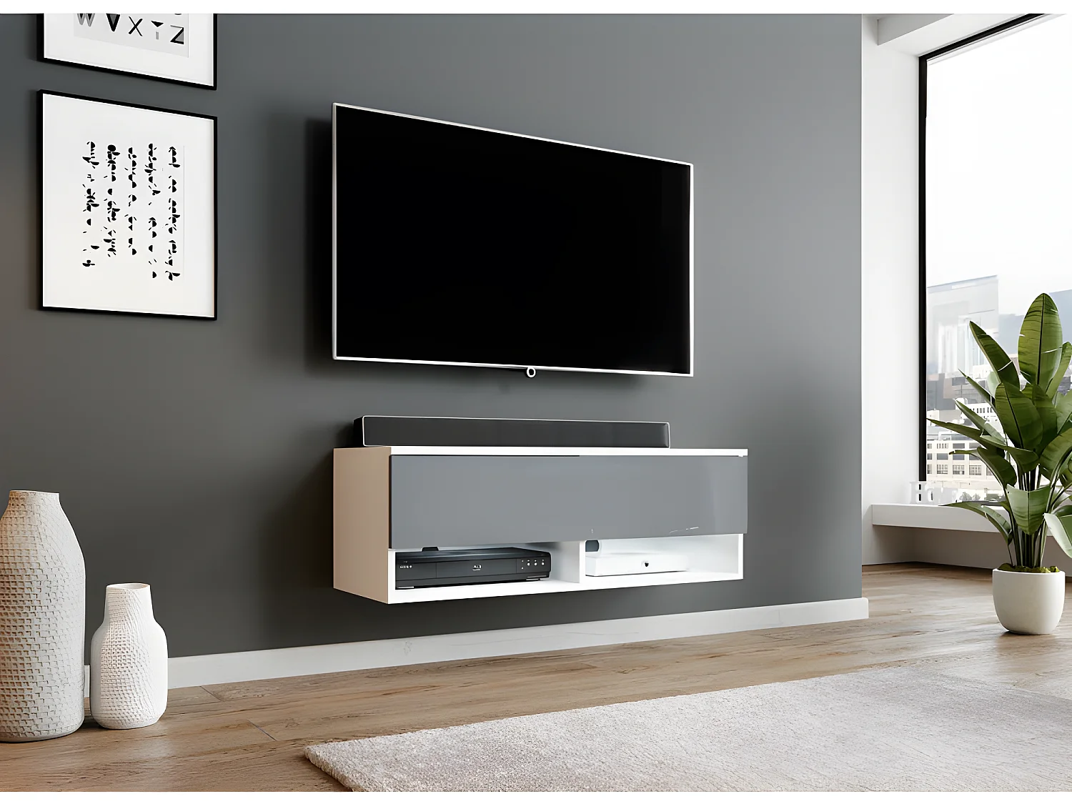 FURNIX meuble tv/ meuble tv suspendu Alyx 100 x 32 x 34 cm style industriel blanc mat/ gris brillant avec LED