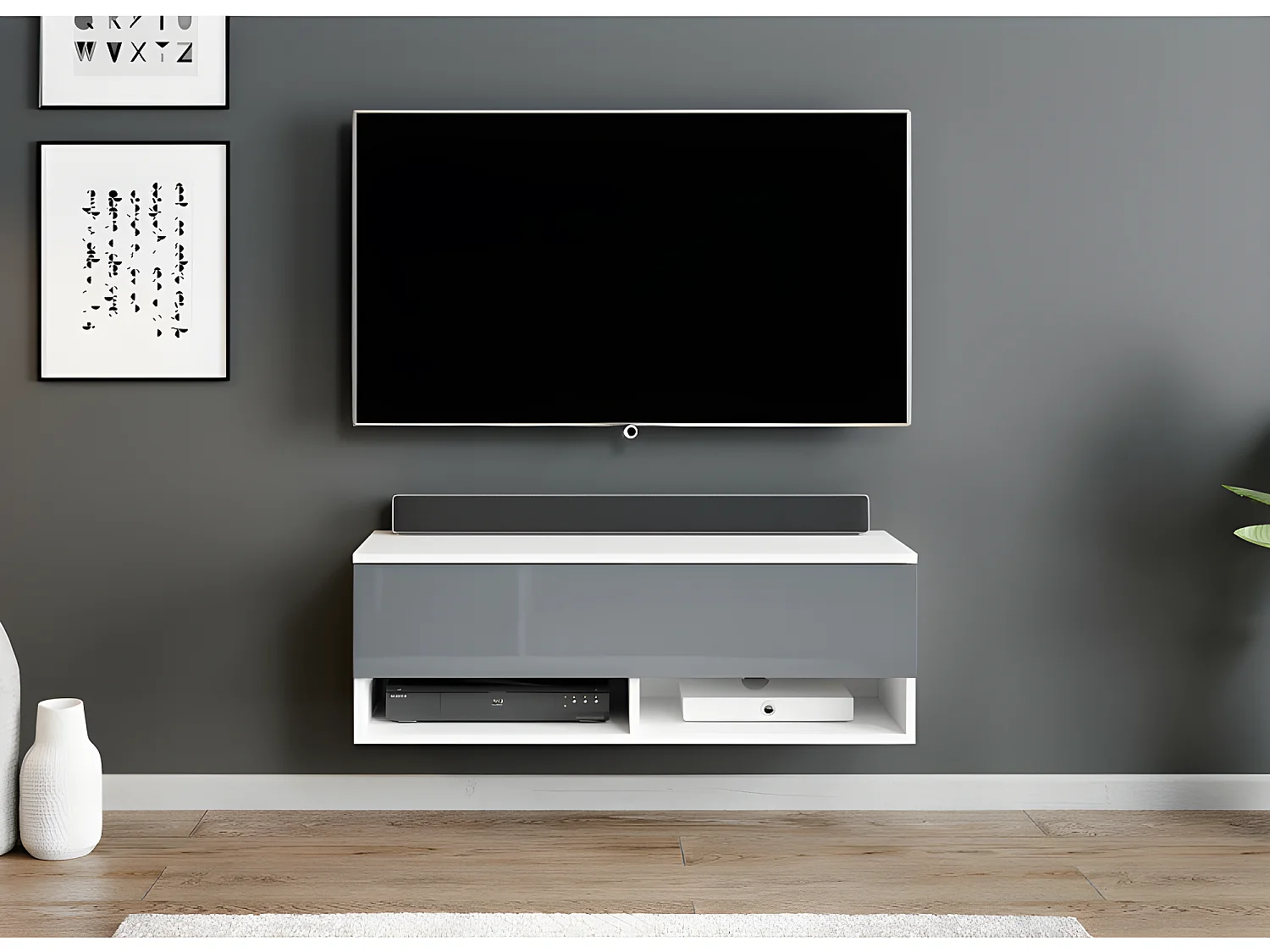 FURNIX meuble tv/ meuble tv suspendu Alyx 100 x 32 x 34 cm style industriel blanc mat/ gris brillant avec LED