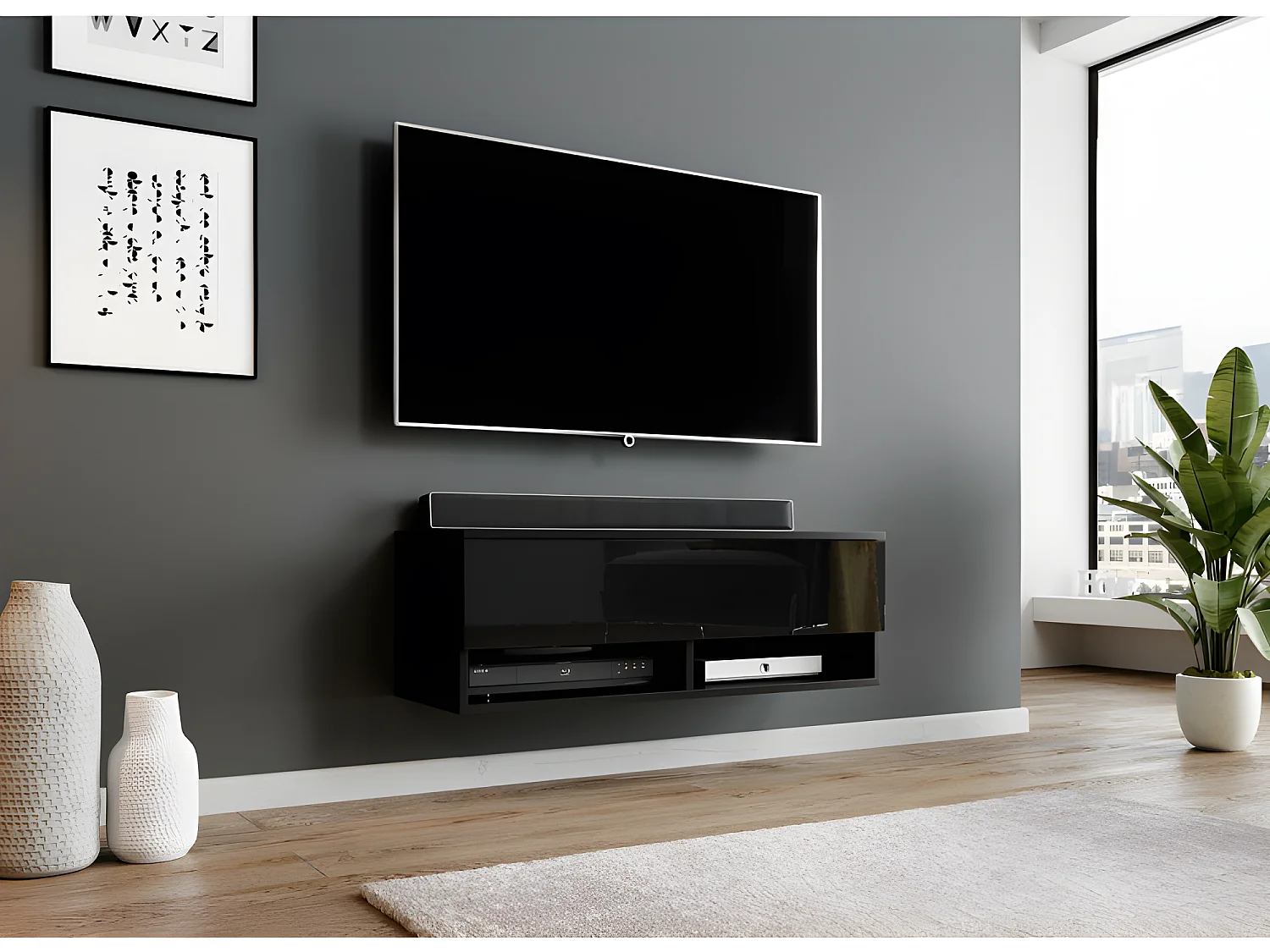 FURNIX meuble tv/ meuble tv suspendu Alyx 100 x 32 x 34 cm style industriel noir mat/ noir brillant avec LED