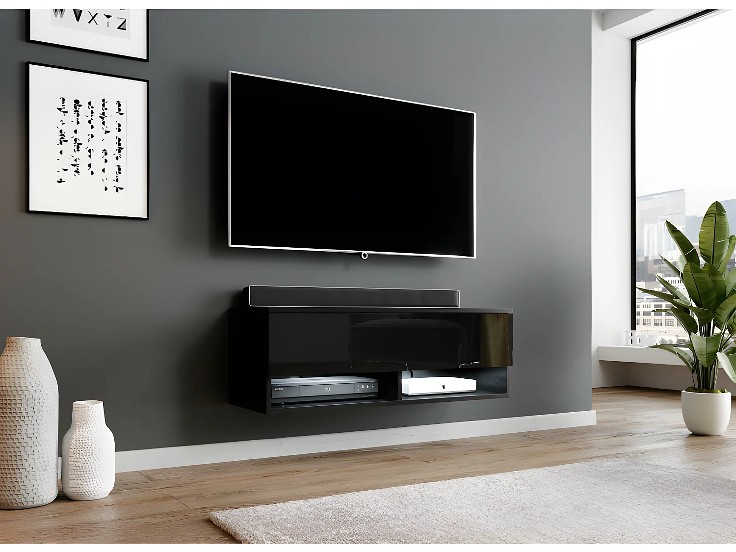 FURNIX meuble tv/ meuble tv suspendu Alyx 100 x 32 x 34 cm style industriel noir mat/ noir brillant avec LED