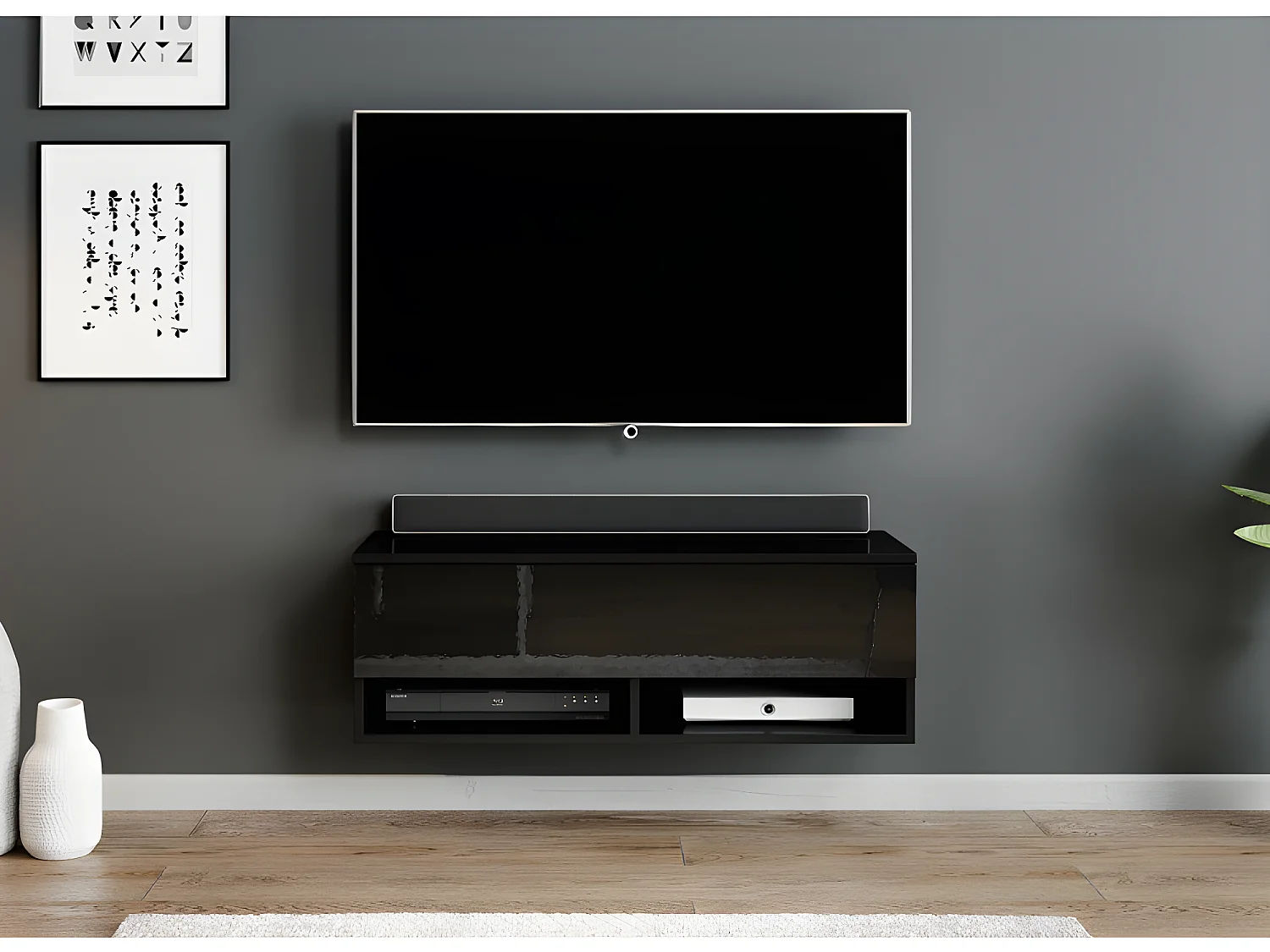 FURNIX meuble tv/ meuble tv suspendu Alyx 100 x 32 x 34 cm style industriel noir mat/ noir brillant avec LED