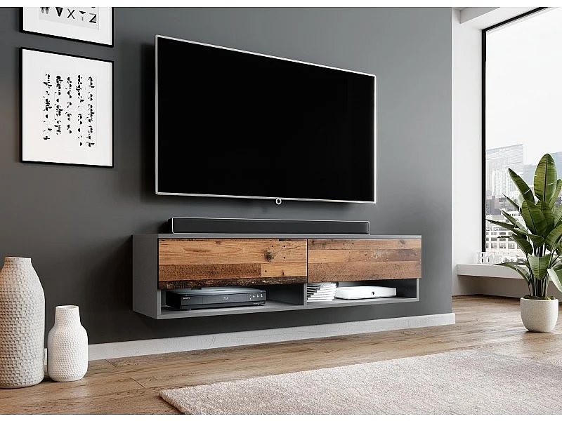 FURNIX meuble tv/ meuble tv suspendu Alyx 140 x 32 x 34 cm style industriel anthracite mat/ vieux bois mat sans LED