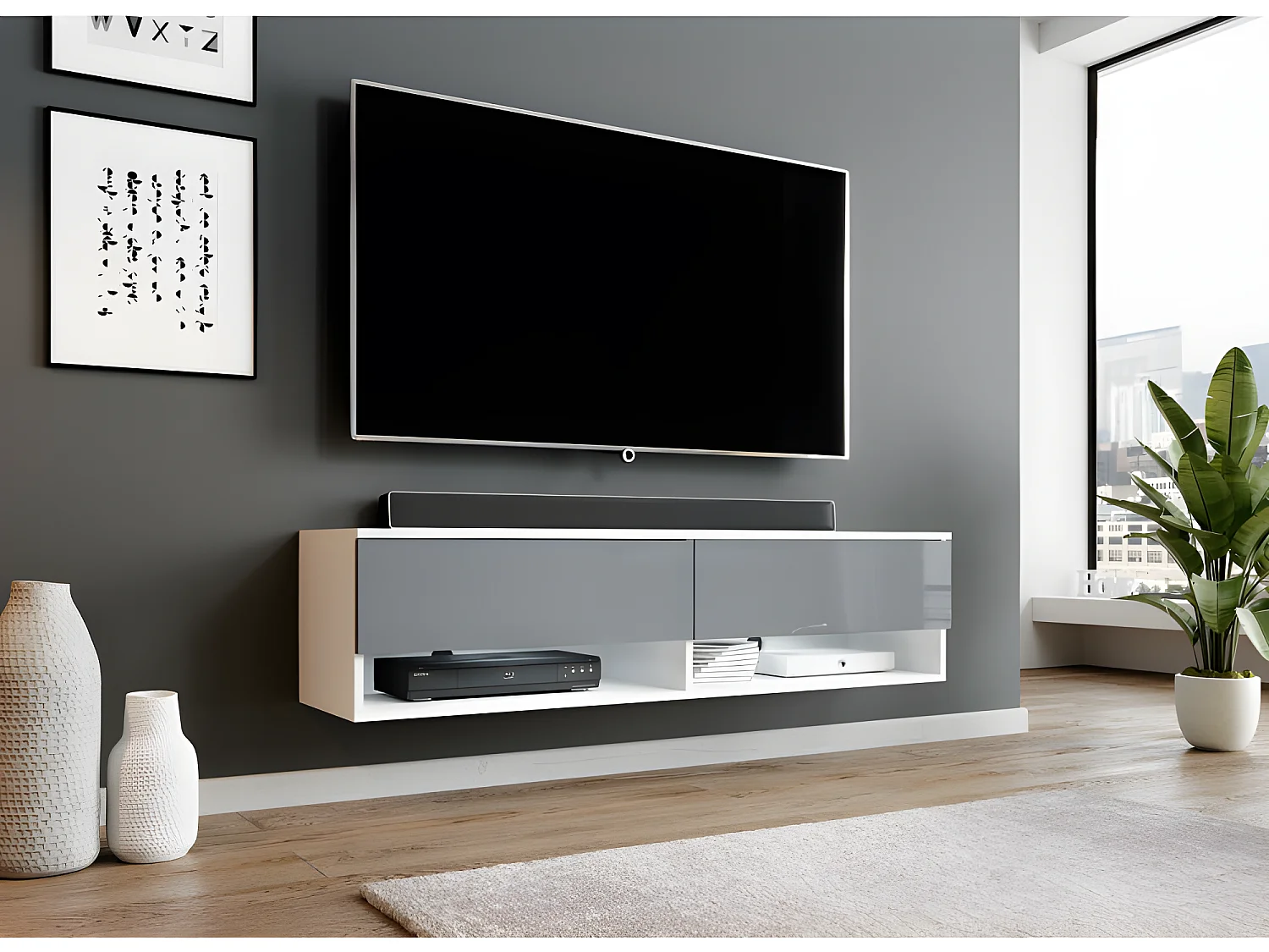 FURNIX meuble tv/ meuble tv suspendu Alyx 140 x 32 x 34 cm style industriel blanc mat/ gris brillant sans LED