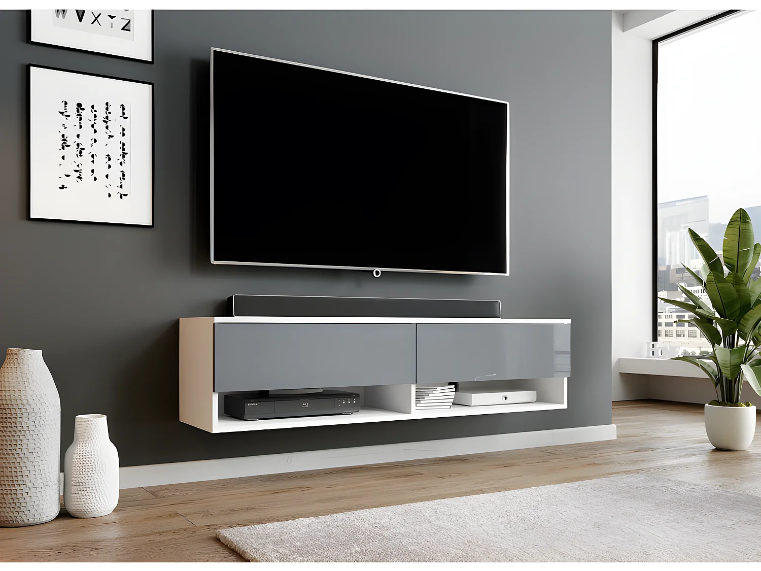 FURNIX meuble tv/ meuble tv suspendu Alyx 140 x 32 x 34 cm style industriel blanc mat/ gris brillant sans LED