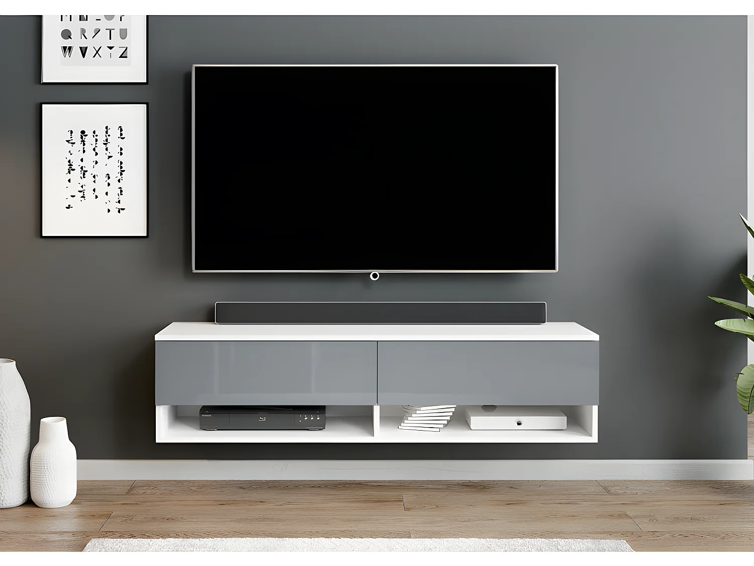 FURNIX meuble tv/ meuble tv suspendu Alyx 140 x 32 x 34 cm style industriel blanc mat/ gris brillant sans LED