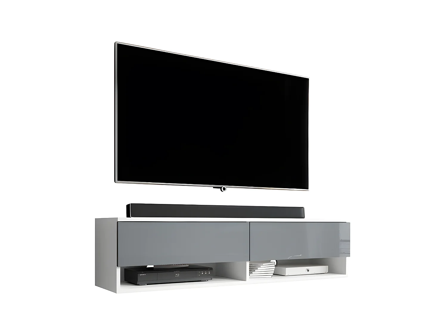 FURNIX meuble tv/ meuble tv suspendu Alyx 140 x 32 x 34 cm style industriel blanc mat/ gris brillant sans LED