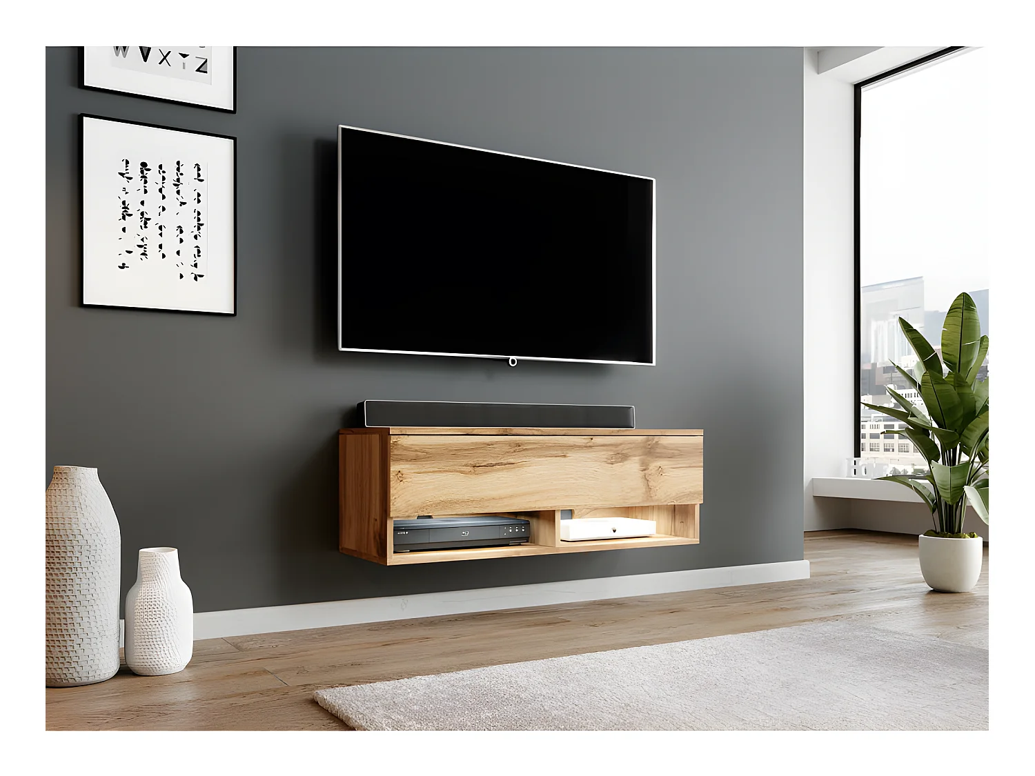 FURNIX meuble tv/ meuble tv suspendu Alyx 100 x 32 x 34 cm style industriel chêne wotan avec LED