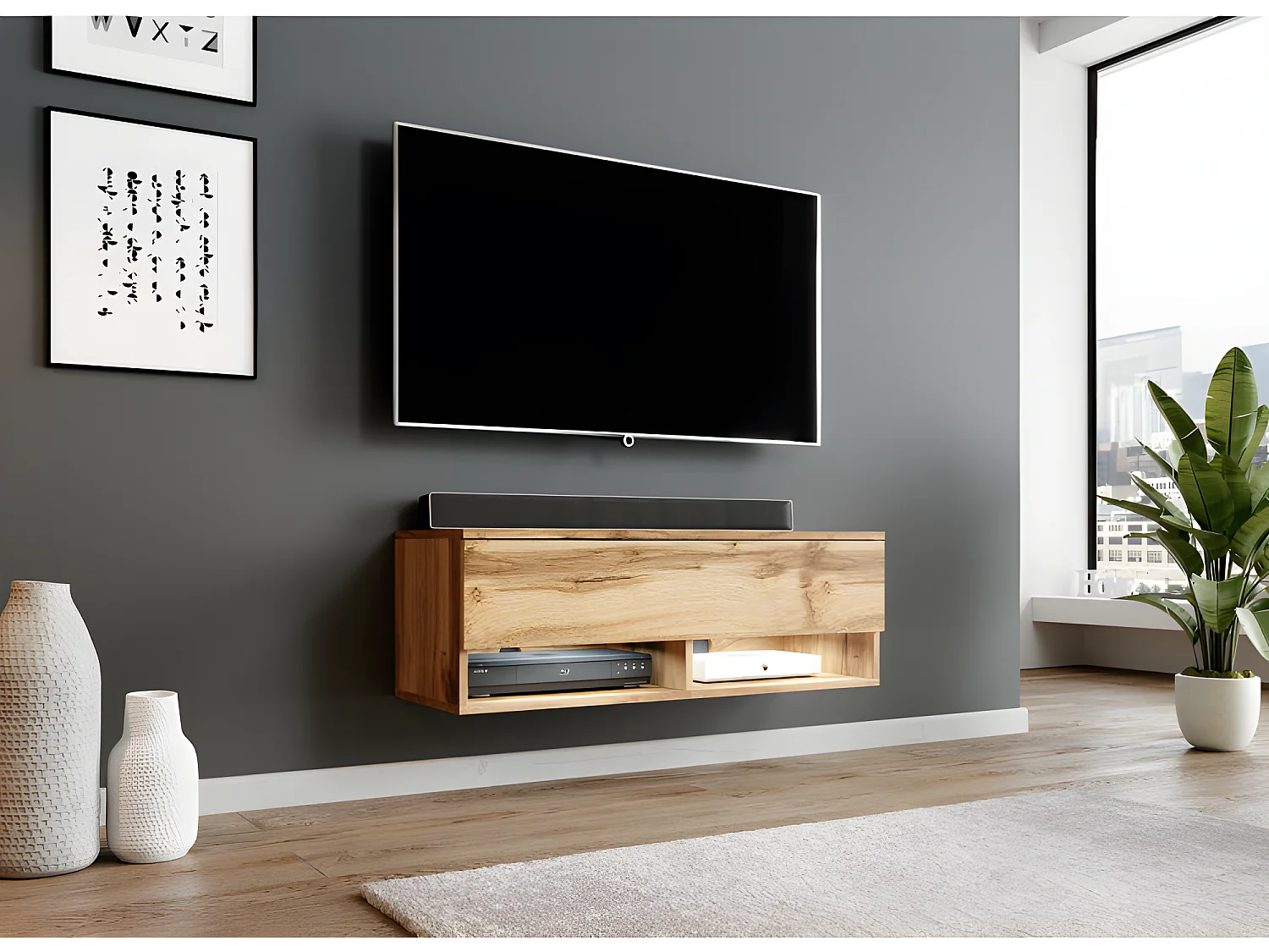 FURNIX meuble tv/ meuble tv suspendu Alyx 100 x 32 x 34 cm style industriel chêne wotan avec LED