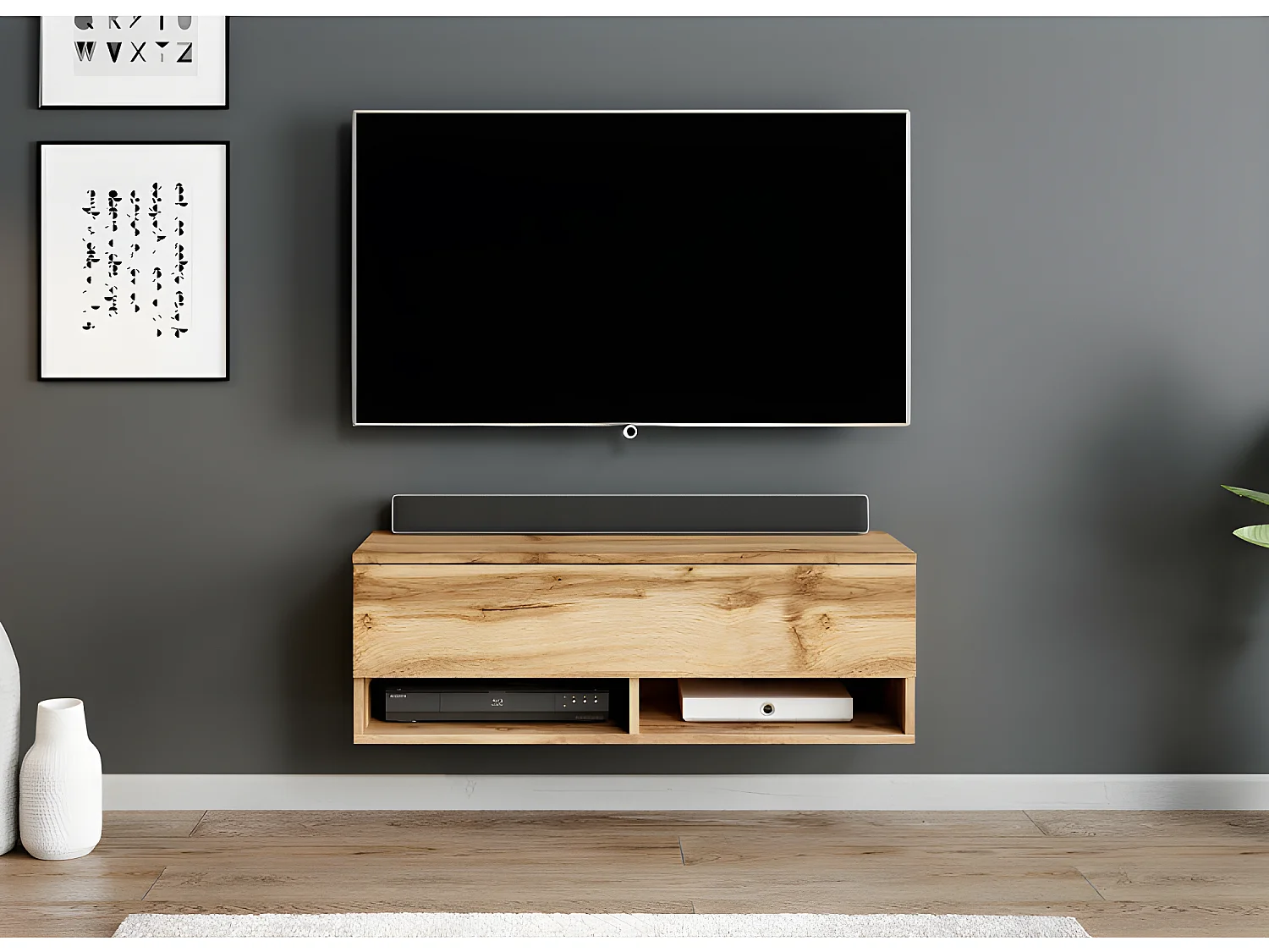 FURNIX meuble tv/ meuble tv suspendu Alyx 100 x 32 x 34 cm style industriel chêne wotan avec LED