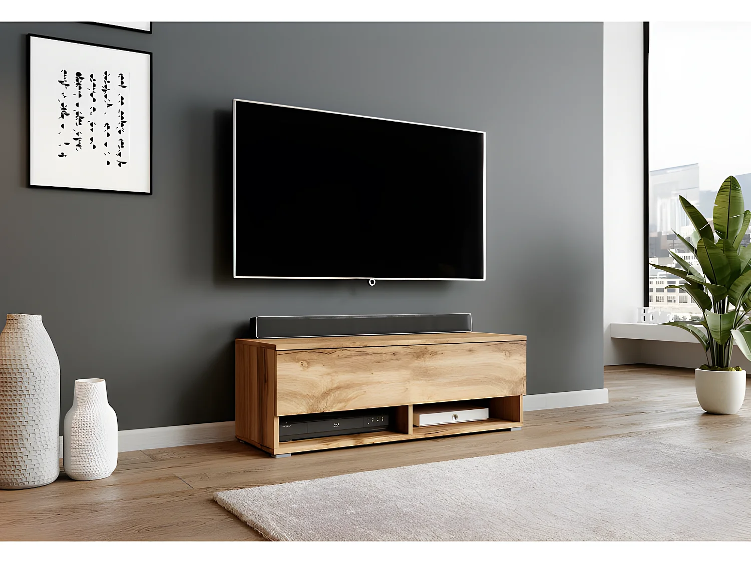 FURNIX meuble tv/ meuble tv suspendu Alyx 100 x 32 x 34 cm style industriel chêne wotan avec LED