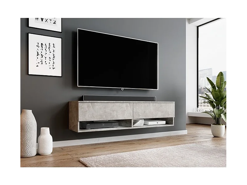 FURNIX meuble tv/ meuble tv suspendu Alyx 140 x 32 x 34 cm style industriel béton mat sans LED
