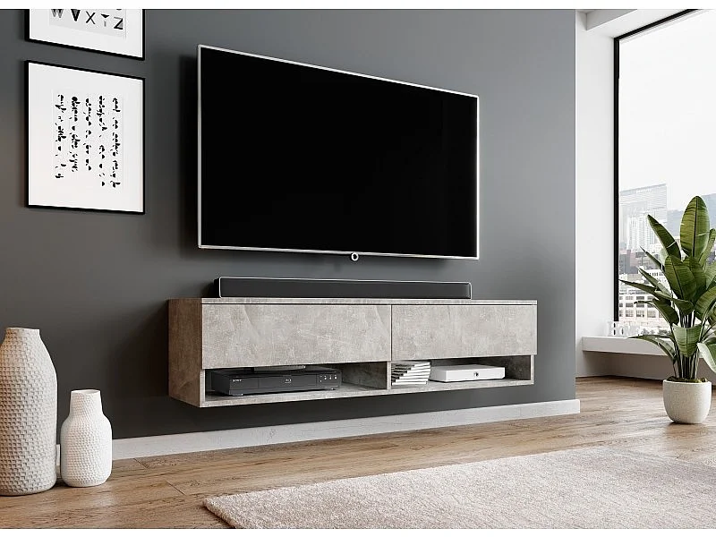 FURNIX meuble tv/ meuble tv suspendu Alyx 140 x 32 x 34 cm style industriel béton mat sans LED