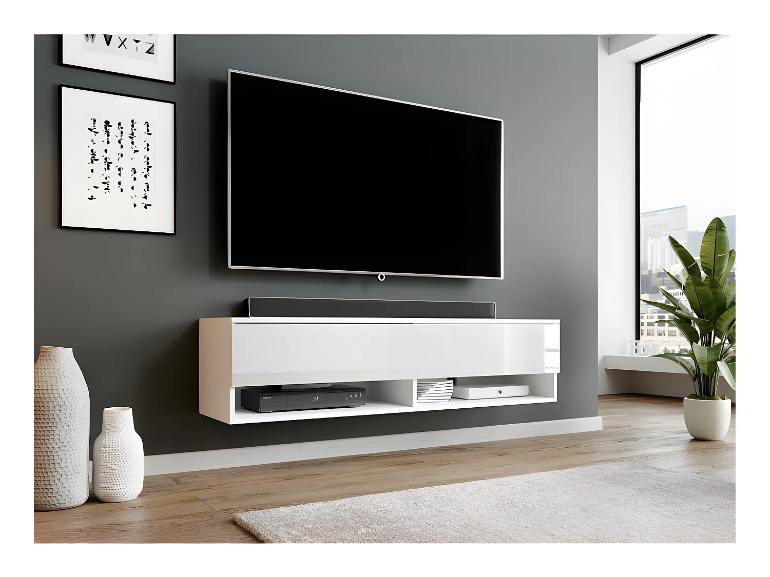 FURNIX meuble tv/ meuble tv suspendu Alyx 140 x 32 x 34 cm style industriel blanc mat/ blanc brillant sans LED