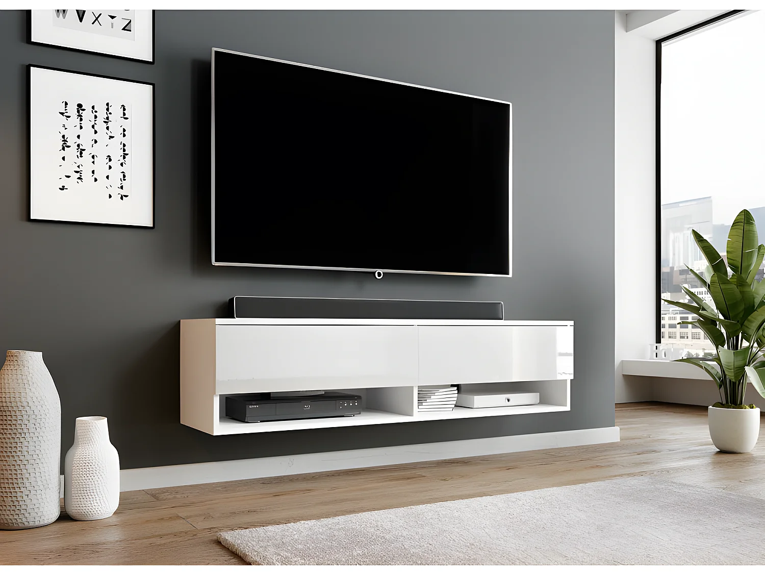 FURNIX meuble tv/ meuble tv suspendu Alyx 140 x 32 x 34 cm style industriel blanc mat/ blanc brillant sans LED