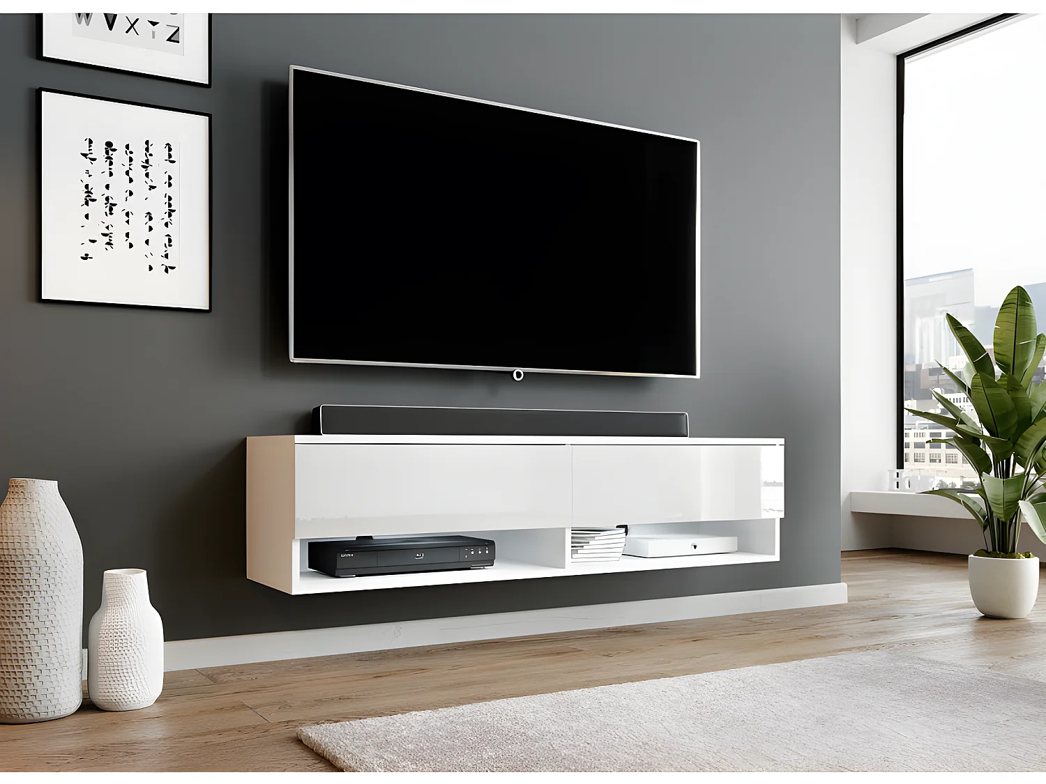 FURNIX meuble tv/ meuble tv suspendu Alyx 140 x 32 x 34 cm style industriel blanc mat/ blanc brillant sans LED