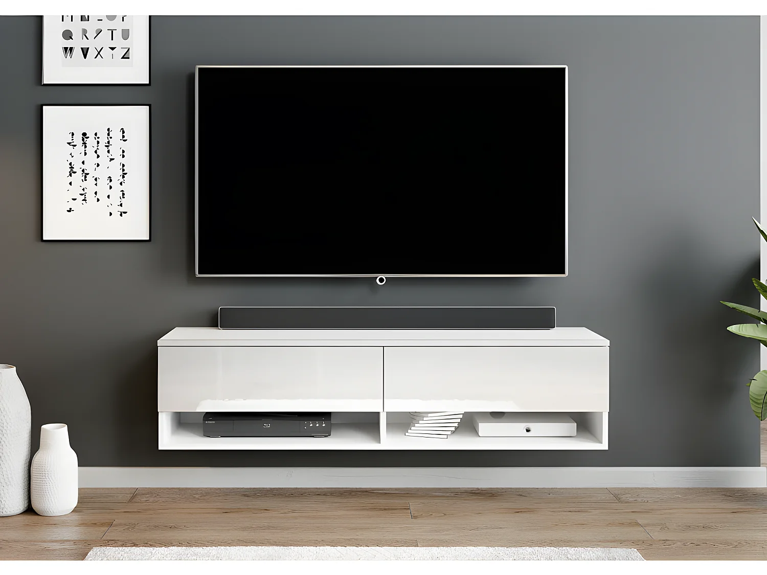 FURNIX meuble tv/ meuble tv suspendu Alyx 140 x 32 x 34 cm style industriel blanc mat/ blanc brillant sans LED