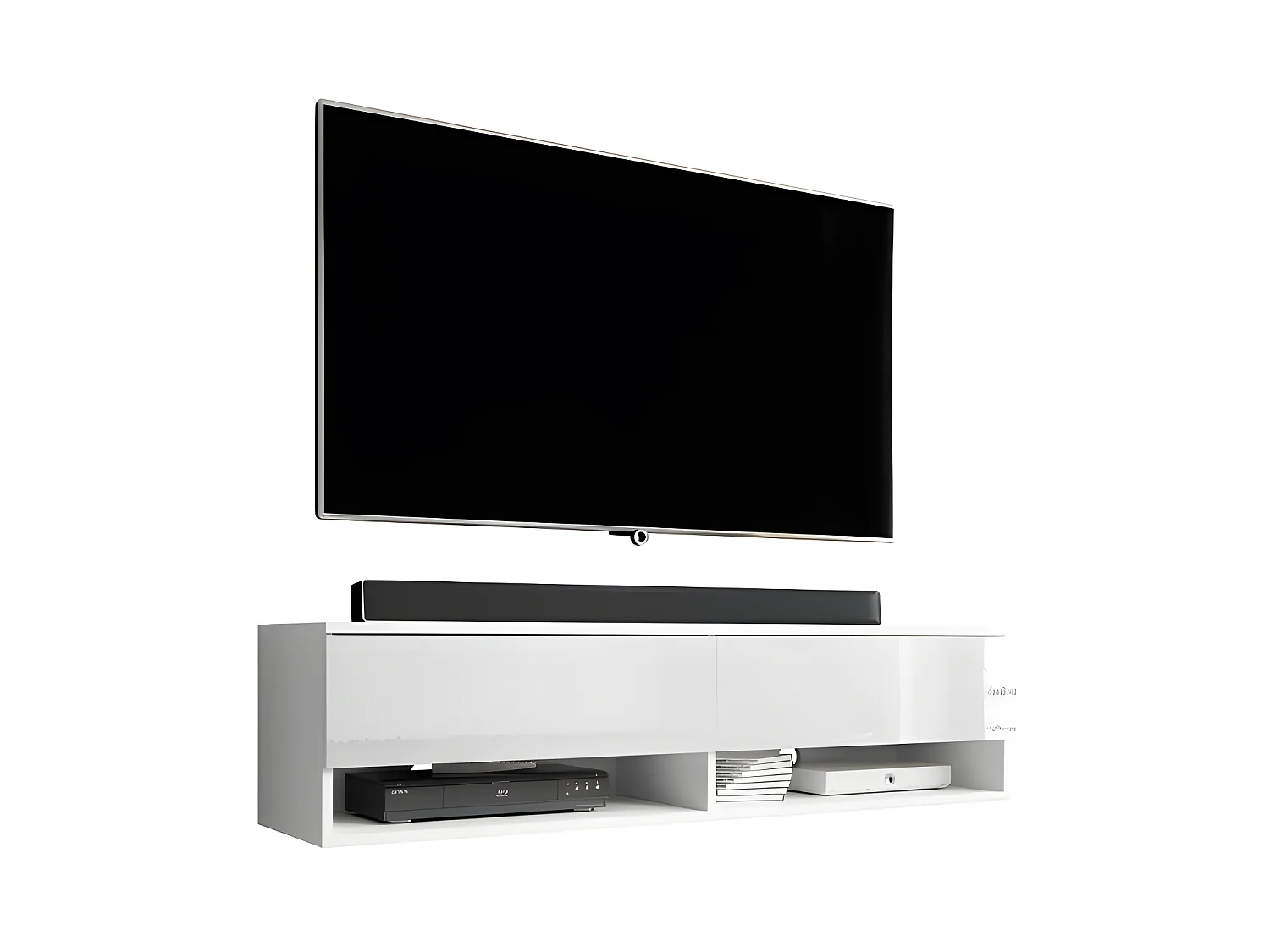 FURNIX meuble tv/ meuble tv suspendu Alyx 140 x 32 x 34 cm style industriel blanc mat/ blanc brillant sans LED
