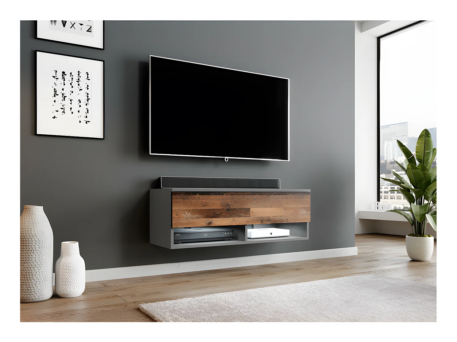 FURNIX meuble tv/ meuble tv suspendu Alyx 100 x 32 x 34 cm style industriel anthracite(gris) mat/ vieux bois mat avec LED