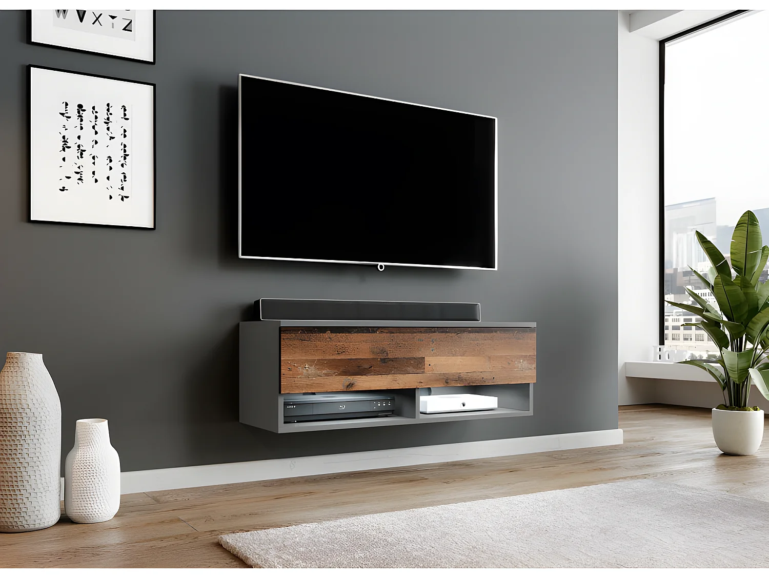 FURNIX meuble tv/ meuble tv suspendu Alyx 100 x 32 x 34 cm style industriel anthracite(gris) mat/ vieux bois mat avec LED