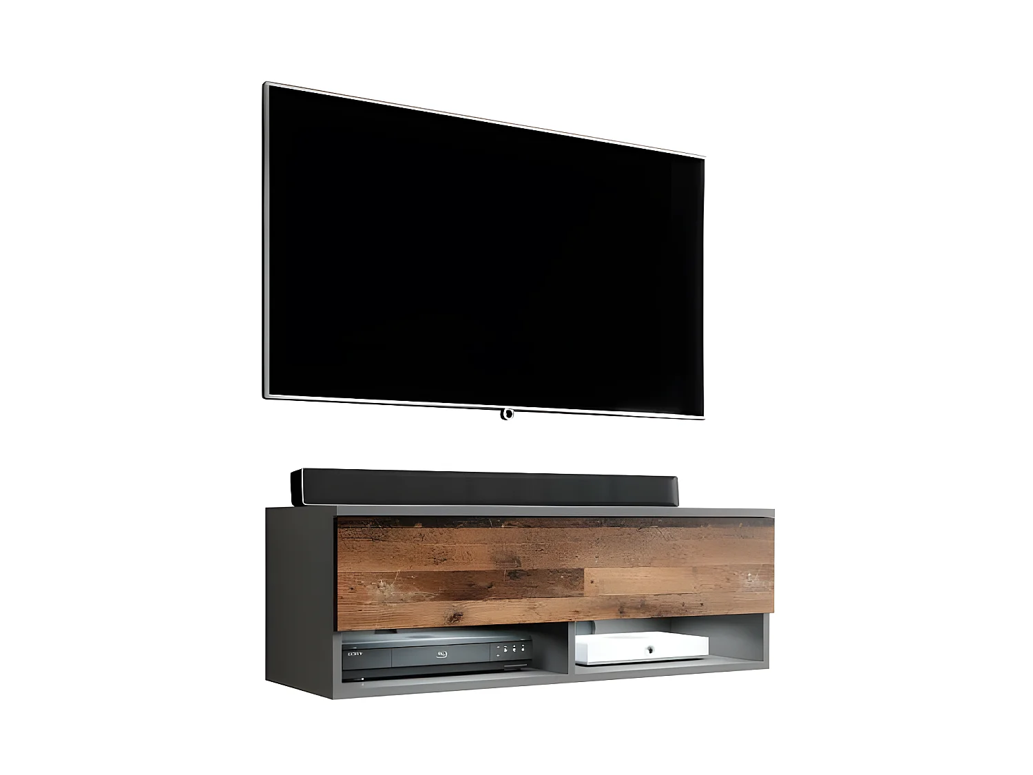 FURNIX meuble tv/ meuble tv suspendu Alyx 100 x 32 x 34 cm style industriel anthracite(gris) mat/ vieux bois mat avec LED