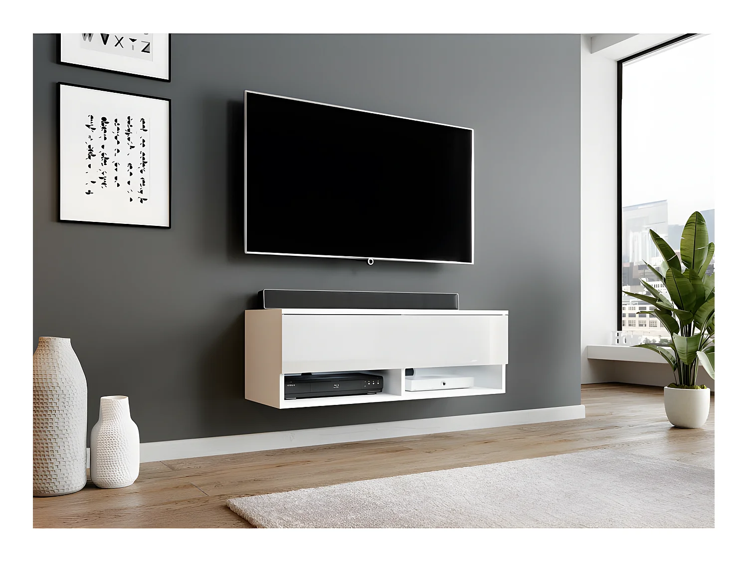 FURNIX meuble tv/ meuble tv suspendu Alyx 100 x 32 x 34 cm style industriel blanc mat/ blanc brillant avec LED