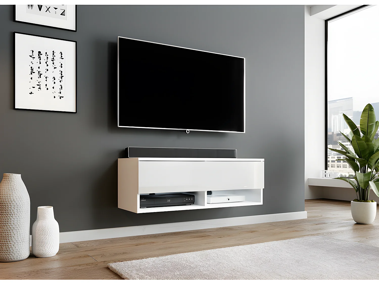 FURNIX meuble tv/ meuble tv suspendu Alyx 100 x 32 x 34 cm style industriel blanc mat/ blanc brillant avec LED