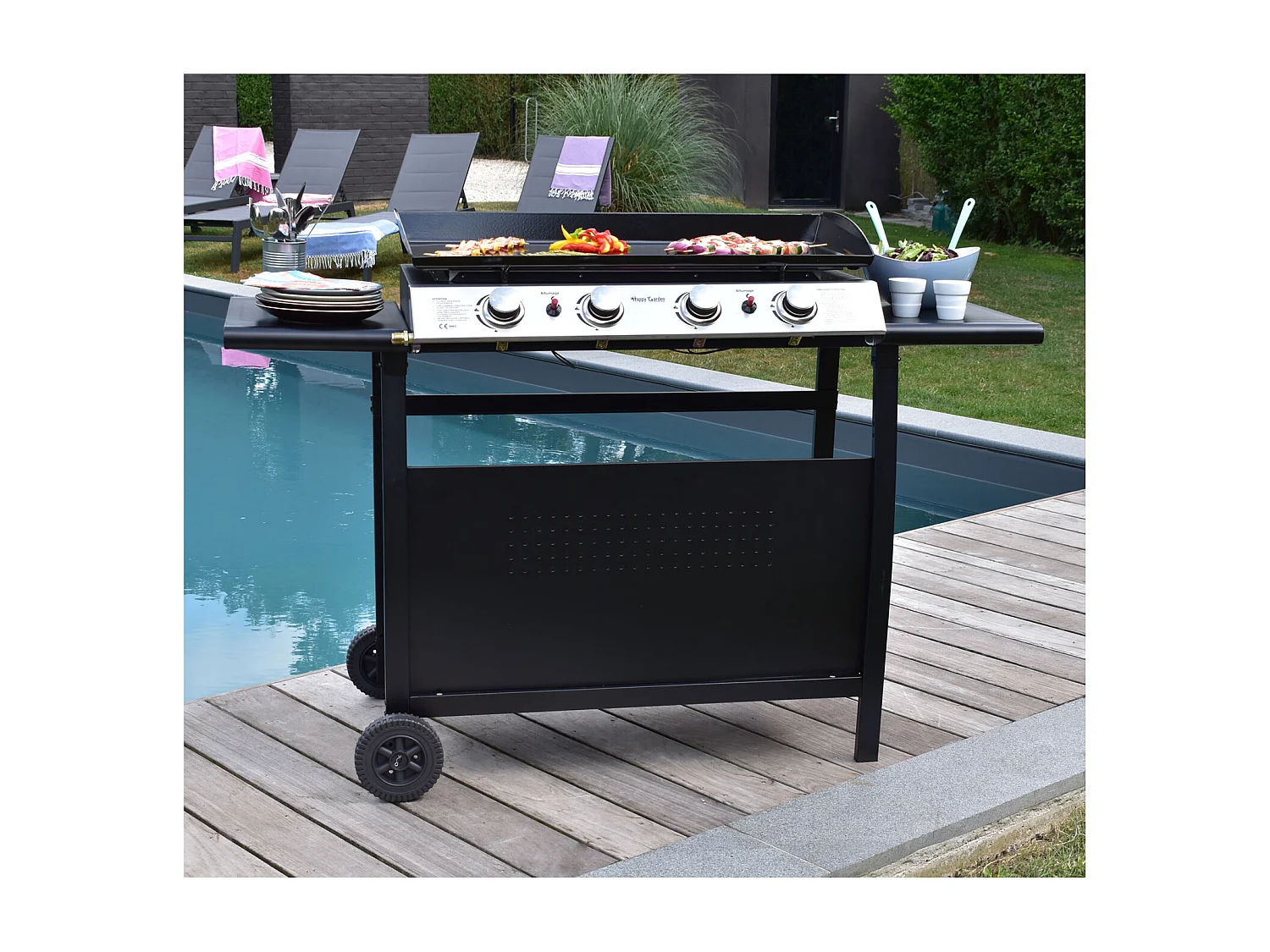 Plancha au gaz VALENCIA - 4 brûleurs 10kW + chariot - HAPPY GARDEN