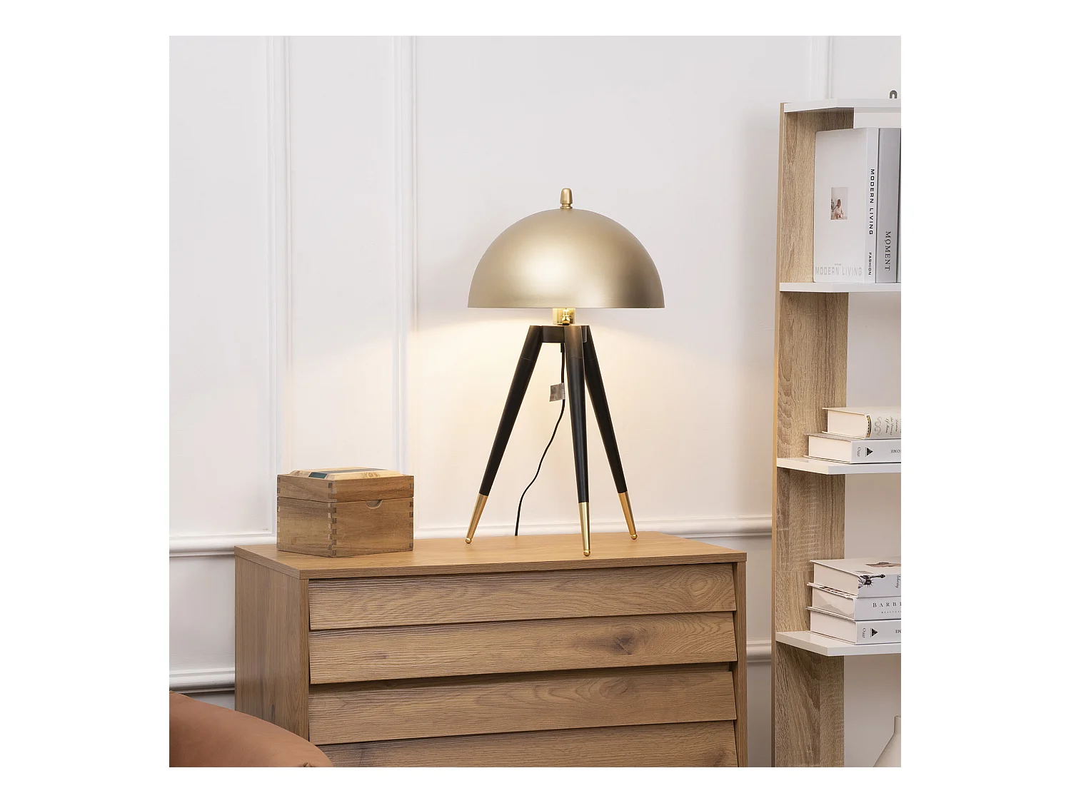 Lampe de table champignon style Art déco - lampe à poser trépied - Ø 30 x 62H cm - piètement métal noir extrémités abat-jour métal doré