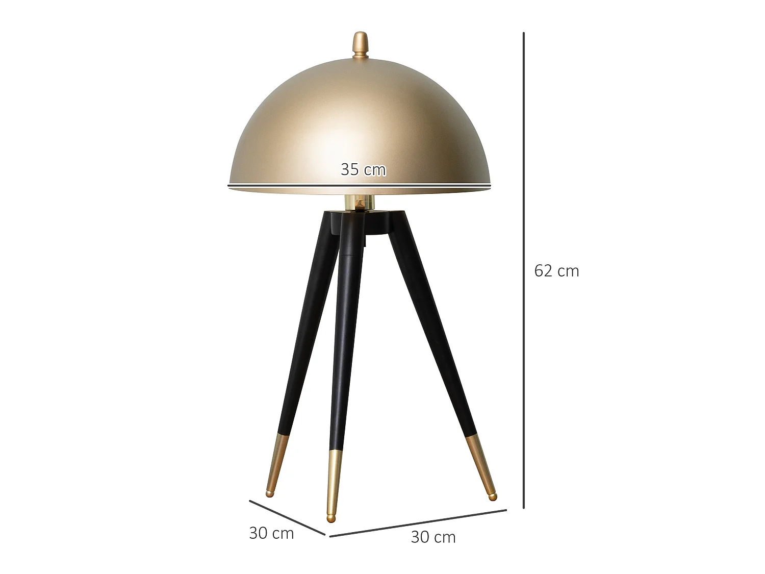 Lampe de table champignon style Art déco - lampe à poser trépied - Ø 30 x 62H cm - piètement métal noir extrémités abat-jour métal doré
