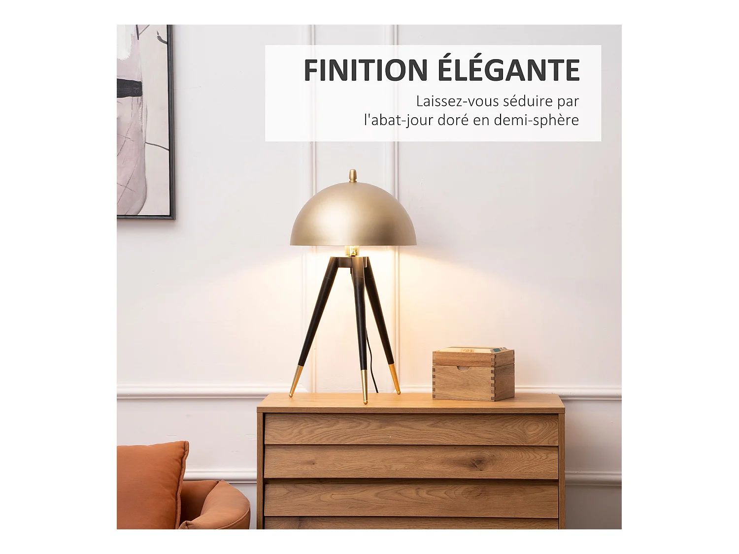 Lampe de table champignon style Art déco - lampe à poser trépied - Ø 30 x 62H cm - piètement métal noir extrémités abat-jour métal doré