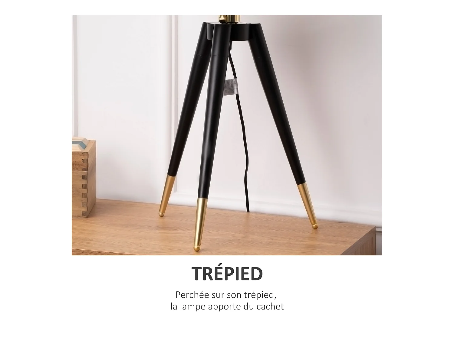 Lampe de table champignon style Art déco - lampe à poser trépied - Ø 30 x 62H cm - piètement métal noir extrémités abat-jour métal doré