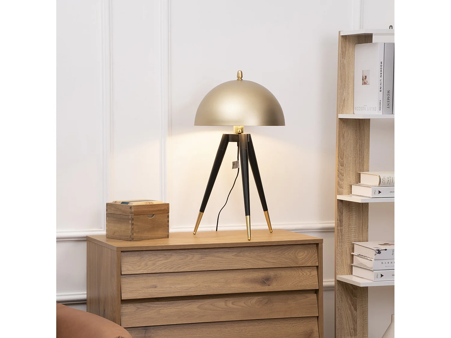 Lampe de table champignon style Art déco - lampe à poser trépied - Ø 30 x 62H cm - piètement métal noir extrémités abat-jour métal doré