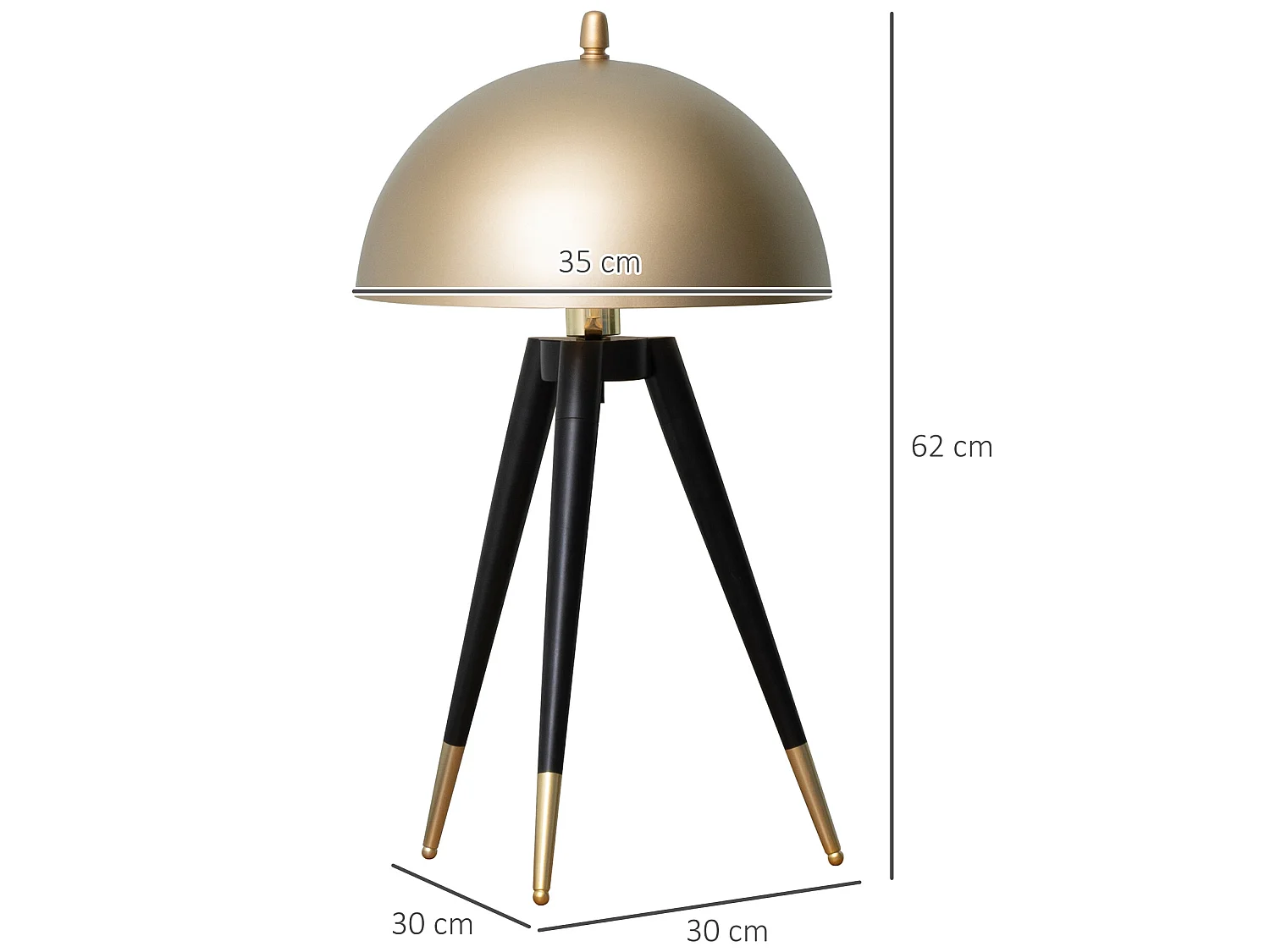 Lampe de table champignon style Art déco - lampe à poser trépied - Ø 30 x 62H cm - piètement métal noir extrémités abat-jour métal doré