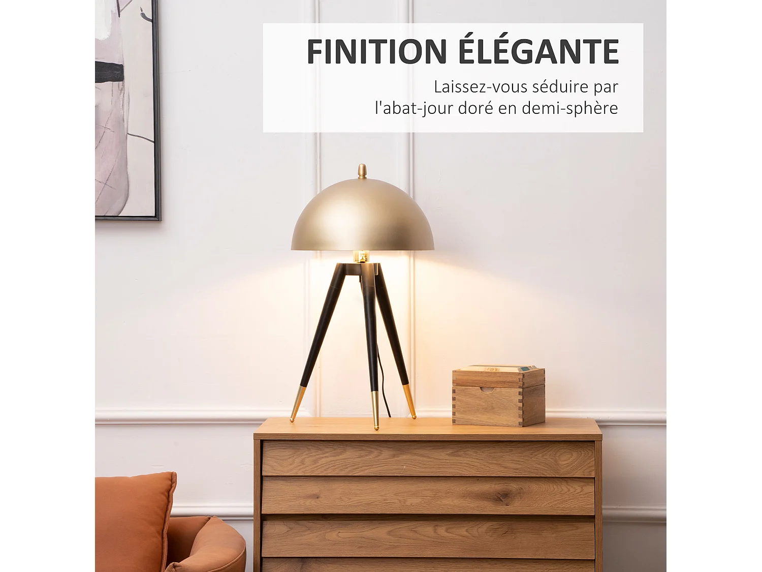 Lampe de table champignon style Art déco - lampe à poser trépied - Ø 30 x 62H cm - piètement métal noir extrémités abat-jour métal doré