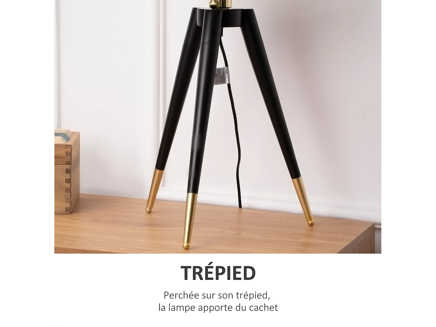 Lampe de table champignon style Art déco - lampe à poser trépied - Ø 30 x 62H cm - piètement métal noir extrémités abat-jour métal doré