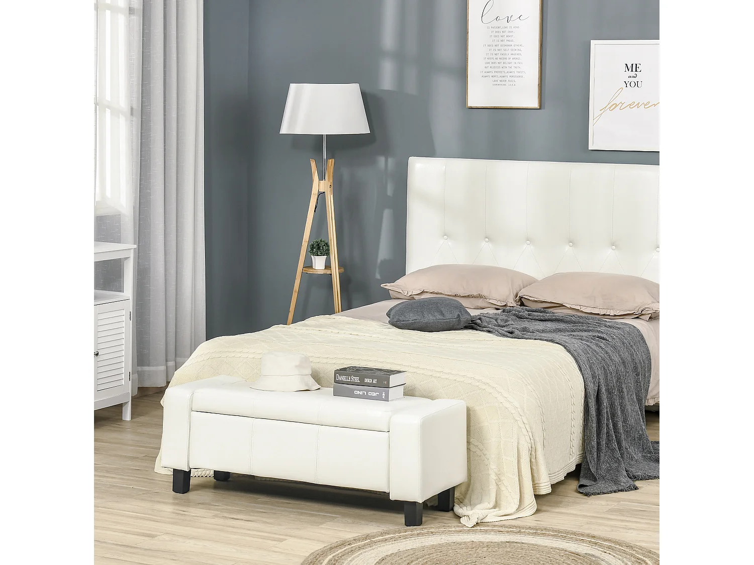 Banc coffre de rangement 2 en 1 revêtement synthétique capitonné 106L x 40l x 40H cm blanc