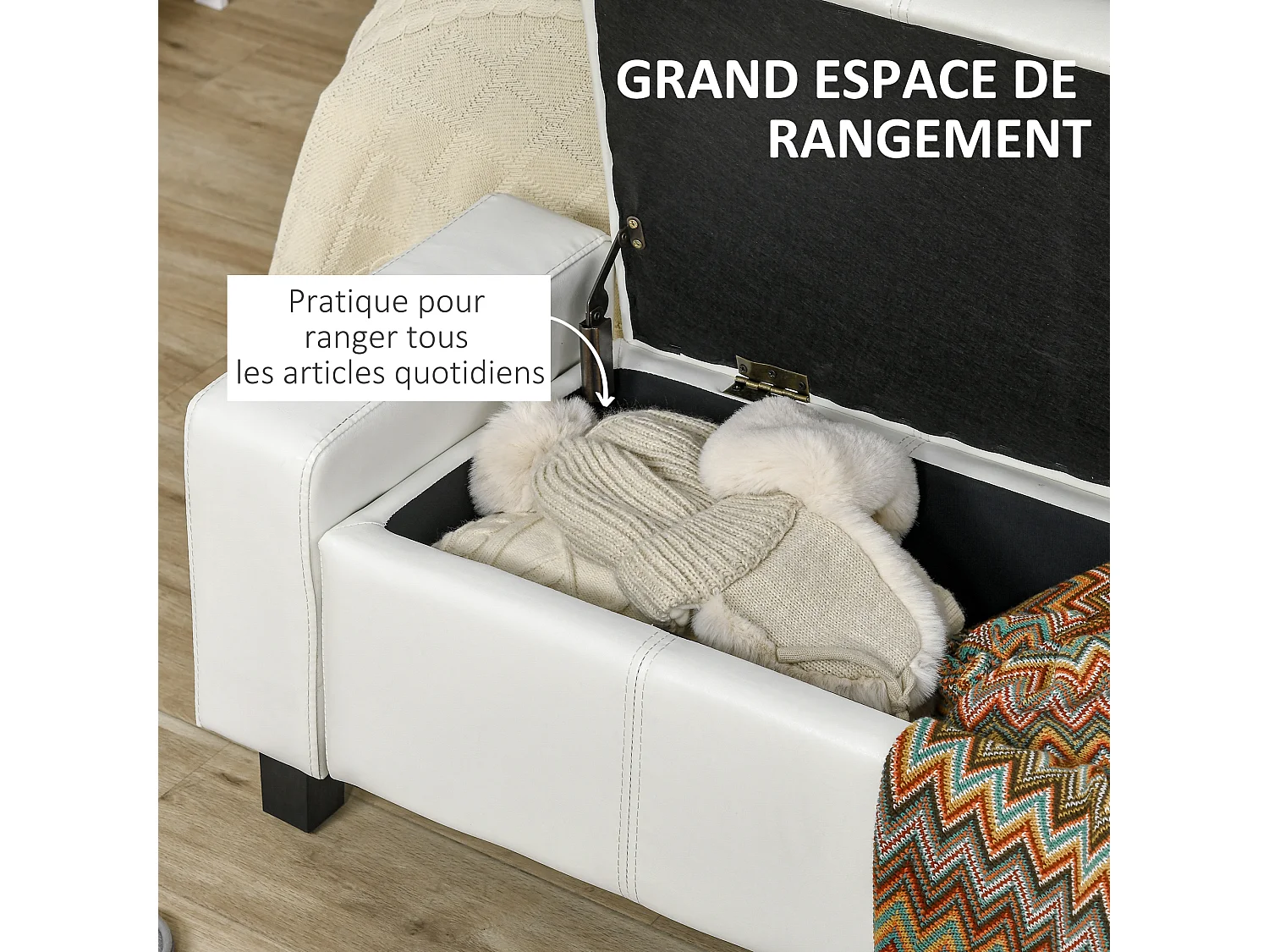 Banc coffre de rangement 2 en 1 revêtement synthétique capitonné 106L x 40l x 40H cm blanc