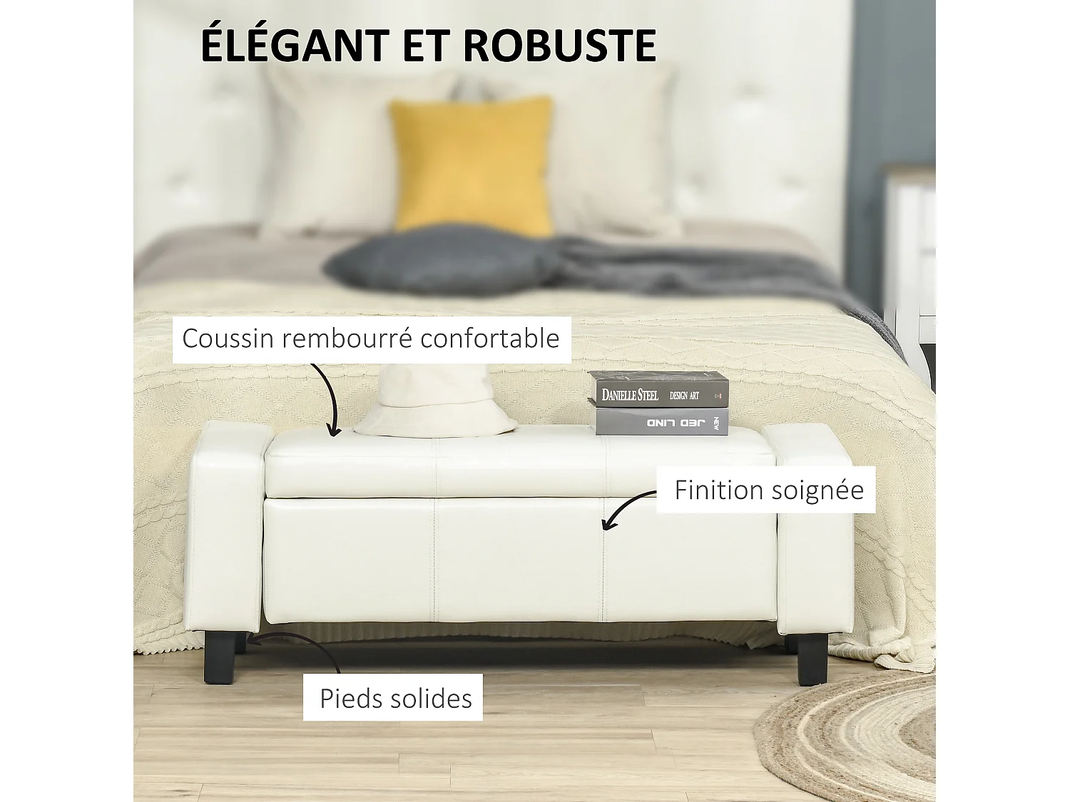 Banc coffre de rangement 2 en 1 revêtement synthétique capitonné 106L x 40l x 40H cm blanc