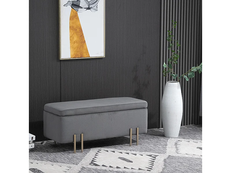 HOMCOM Grand pouf coffre de rangement design contemporain- banc avec espace de rangement - dim. 100L x 40l x 42H cm - velours gris foncé piètement métal doré