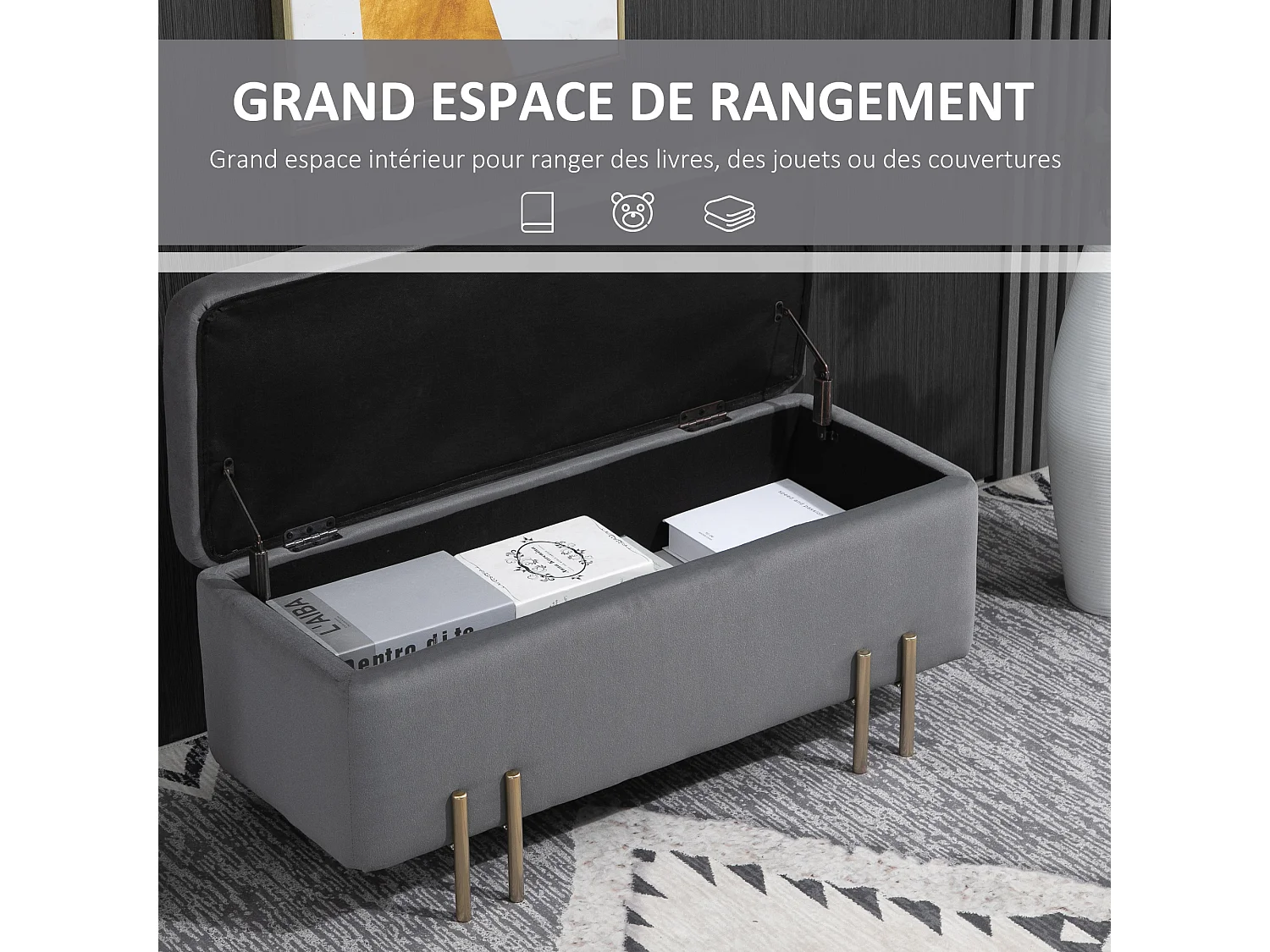 HOMCOM Grand pouf coffre de rangement design contemporain- banc avec espace de rangement - dim. 100L x 40l x 42H cm - velours gris foncé piètement métal doré