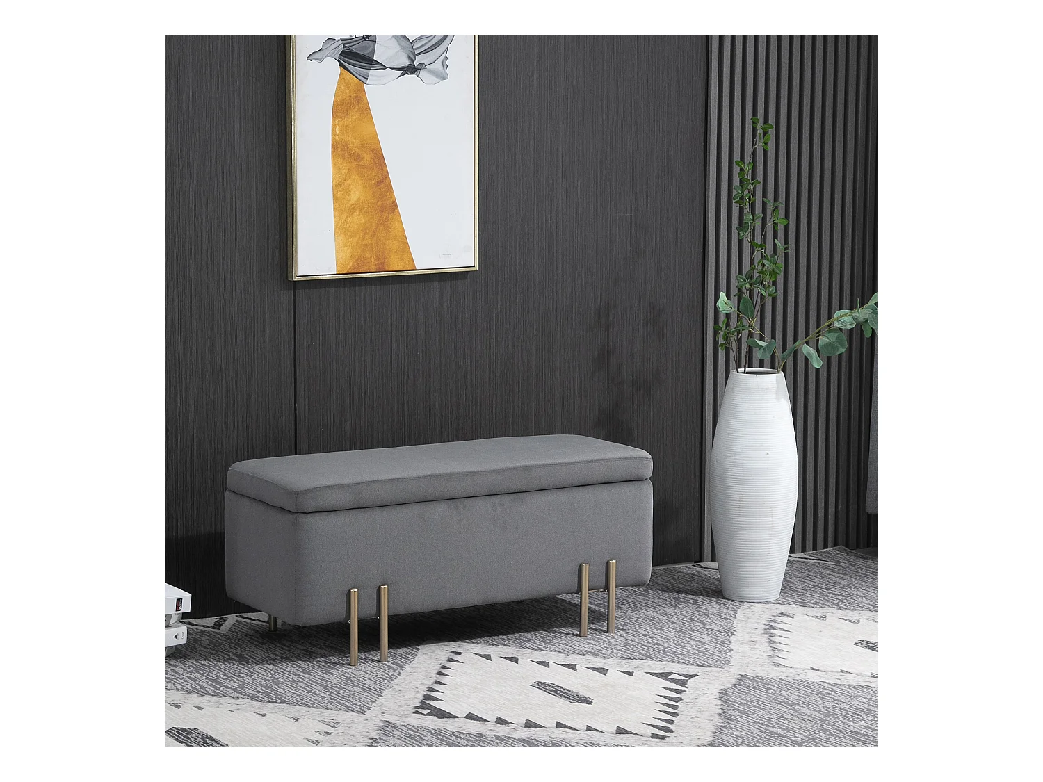 HOMCOM Grand pouf coffre de rangement design contemporain- banc avec espace de rangement - dim. 100L x 40l x 42H cm - velours gris foncé piètement métal doré