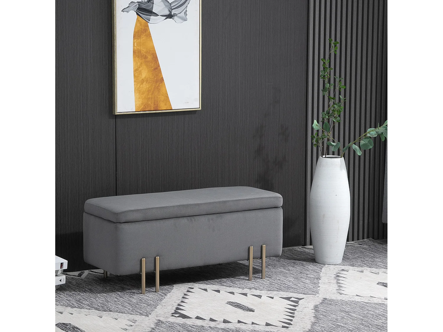 HOMCOM Grand pouf coffre de rangement design contemporain- banc avec espace de rangement - dim. 100L x 40l x 42H cm - velours gris foncé piètement métal doré