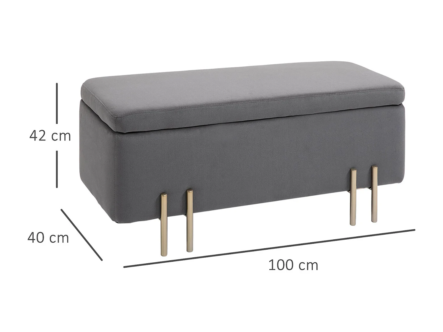 HOMCOM Grand pouf coffre de rangement design contemporain- banc avec espace de rangement - dim. 100L x 40l x 42H cm - velours gris foncé piètement métal doré