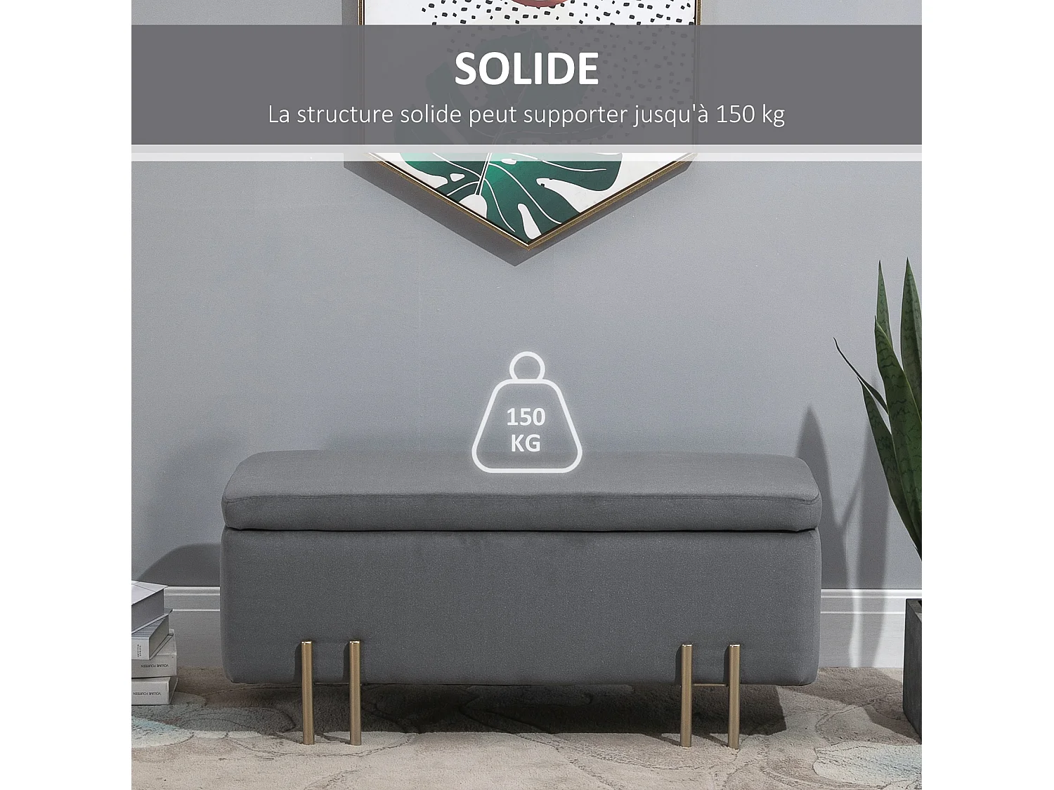 HOMCOM Grand pouf coffre de rangement design contemporain- banc avec espace de rangement - dim. 100L x 40l x 42H cm - velours gris foncé piètement métal doré