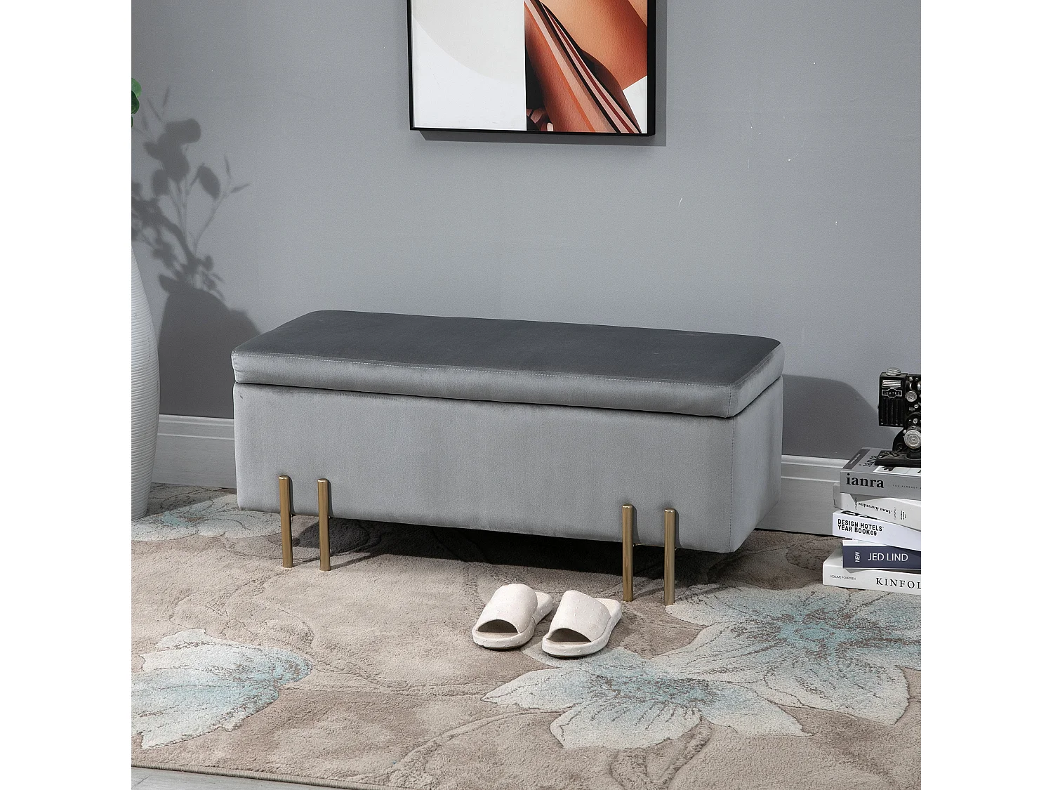 HOMCOM Grand pouf coffre de rangement design contemporain- banc avec espace de rangement - dim. 100L x 40l x 42H cm - velours gris clair piètement métal doré