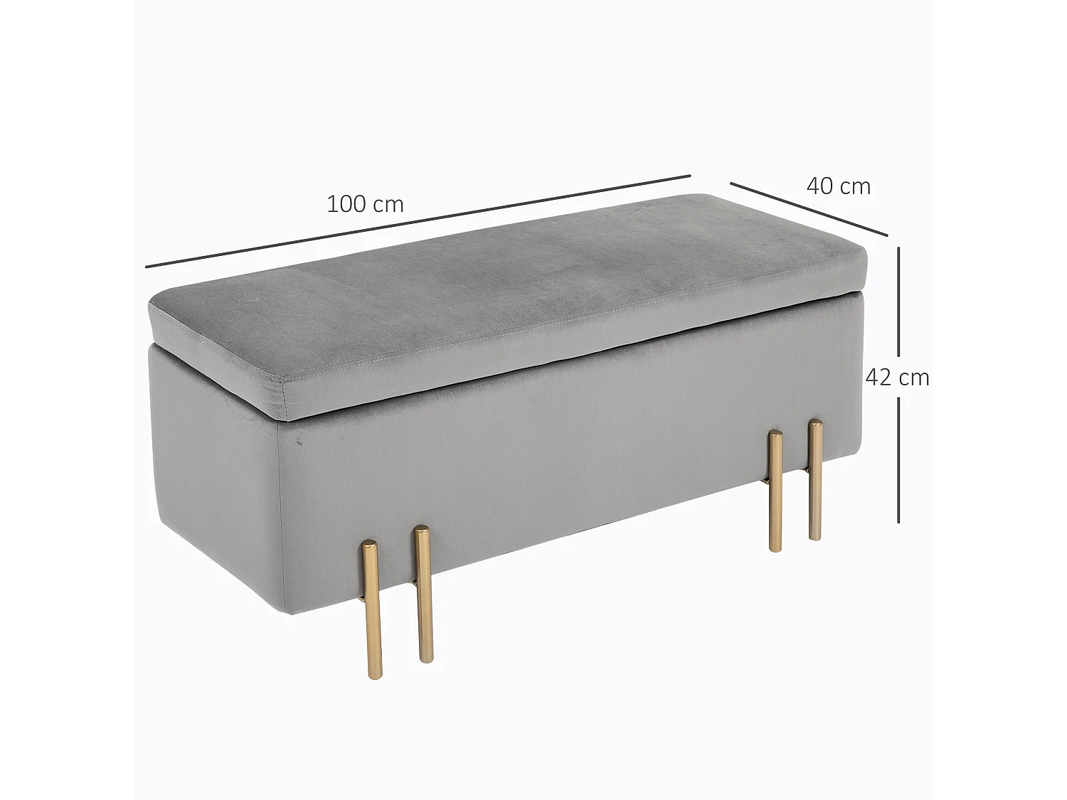 HOMCOM Grand pouf coffre de rangement design contemporain- banc avec espace de rangement - dim. 100L x 40l x 42H cm - velours gris clair piètement métal doré
