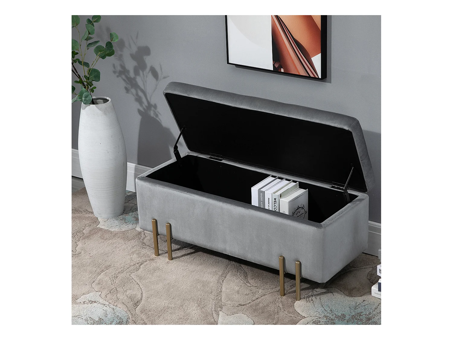HOMCOM Grand pouf coffre de rangement design contemporain- banc avec espace de rangement - dim. 100L x 40l x 42H cm - velours gris clair piètement métal doré
